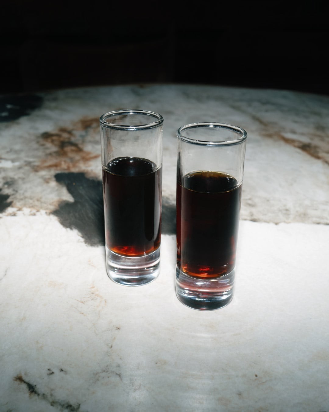 2 shots of Belvedere Dirty Brew on a table