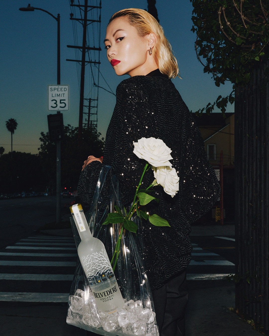 Belvedere and Tyler Mitchell - Woman holding a Belvedere Organic bottle in a clear plastic bag